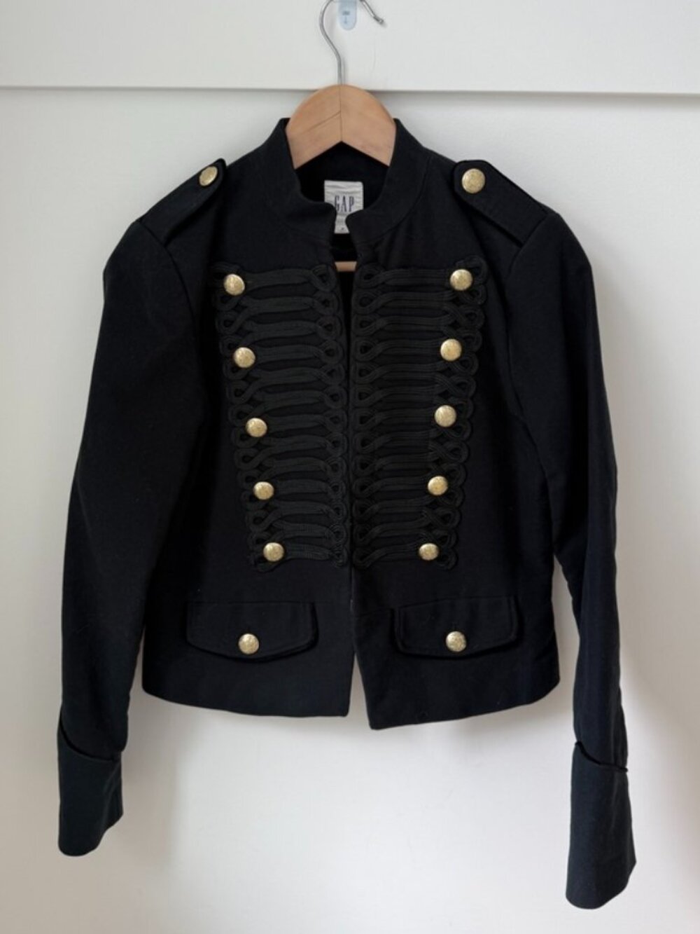 GAP Black Military Band Jacket Gold Buttons Cord Embroidery Cropped
